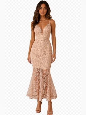 Lace Mermaid Midi Dress in Blush - Elegant Spaghetti Strap Formal Dress